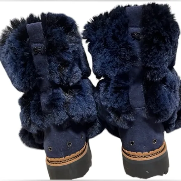 Sam Edelman faux fur winter lace up Pom boots slip on blue black fuzzy navy NWOT