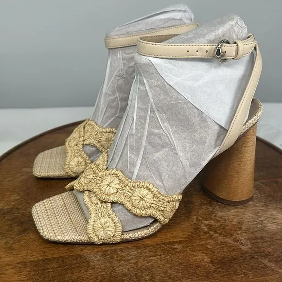 Sam Edelman Shoes Wm 9.5 M Kacie NAtural Raffia Block Heel Sandals Summer Beach