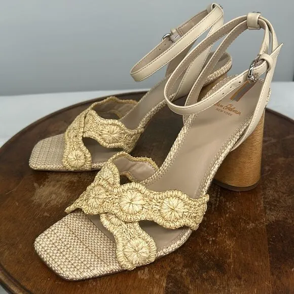 Sam Edelman Shoes Wm 9.5 M Kacie NAtural Raffia Block Heel Sandals Summer Beach