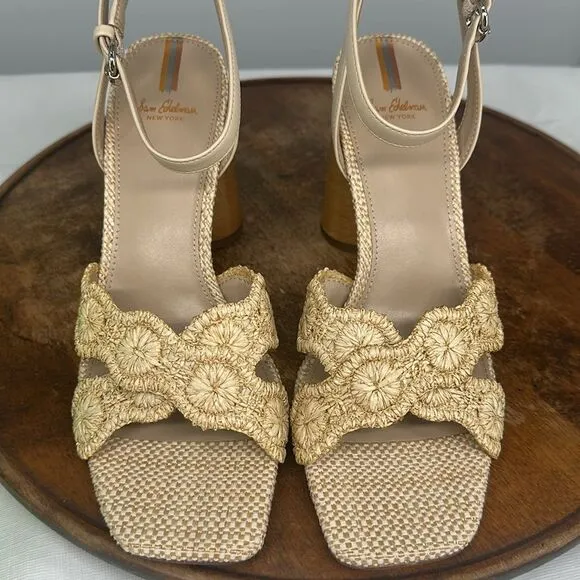 Sam Edelman Shoes Wm 9.5 M Kacie NAtural Raffia Block Heel Sandals Summer Beach