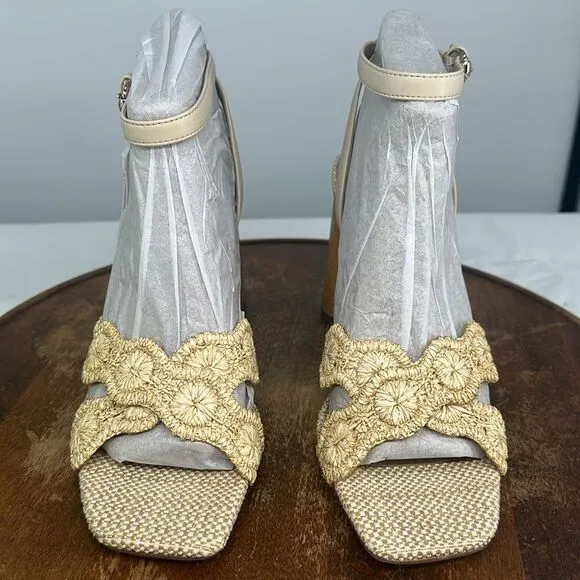 Sam Edelman Shoes Wm 9.5 M Kacie NAtural Raffia Block Heel Sandals Summer Beach
