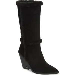 Sam Edelman Women Block Heel Mid Calf Furry Boots Ilsa Size US 5.5M Black Suede