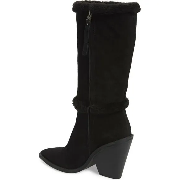 Sam Edelman Women Block Heel Mid Calf Furry Boots Ilsa Size US 5.5M Black Suede