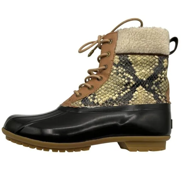 Sam Edelman Womens 7M Duck Boots Leather Upper Faux Fur Snake Pattern Waterproof
