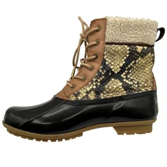 Sam Edelman Womens 7M Duck Boots Leather Upper Faux Fur Snake Pattern Waterproof