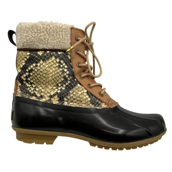 Sam Edelman Womens 7M Duck Boots Leather Upper Faux Fur Snake Pattern Waterproof