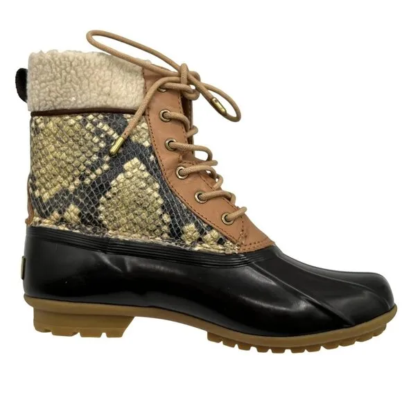 Sam Edelman Womens 7M Duck Boots Leather Upper Faux Fur Snake Pattern Waterproof