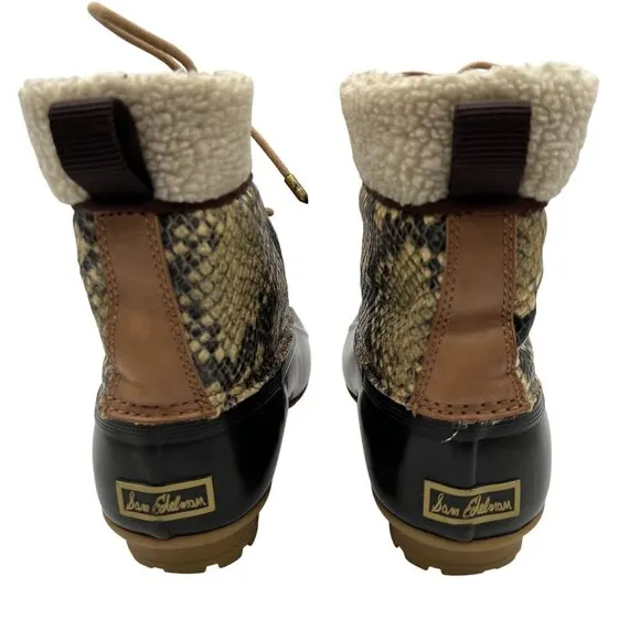 Sam Edelman Womens 7M Duck Boots Leather Upper Faux Fur Snake Pattern Waterproof