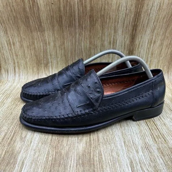 San Remo Genuine Ostrich Penny Loafers Men's Size 9.5 M Black‎ Shoes Casual