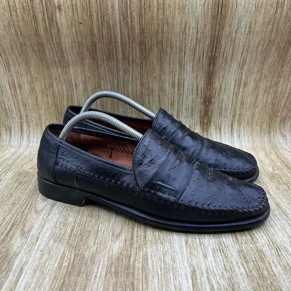 San Remo Genuine Ostrich Penny Loafers Men's Size 9.5 M Black‎ Shoes Casual