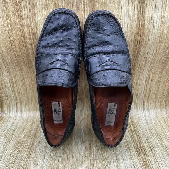 San Remo Genuine Ostrich Penny Loafers Men's Size 9.5 M Black‎ Shoes Casual