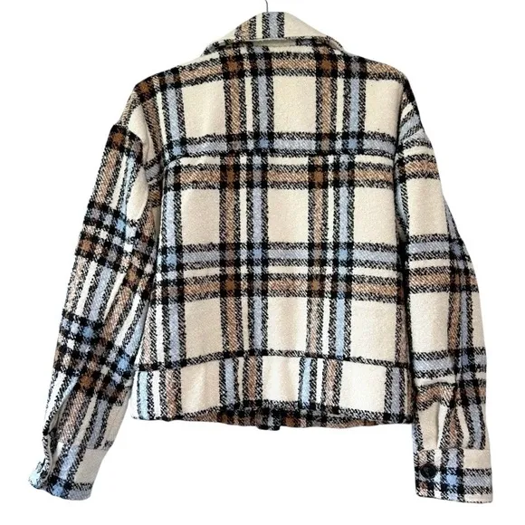 Sanctuary Liv Plaid Cropped Collared Jacket Blue Brown Size Small