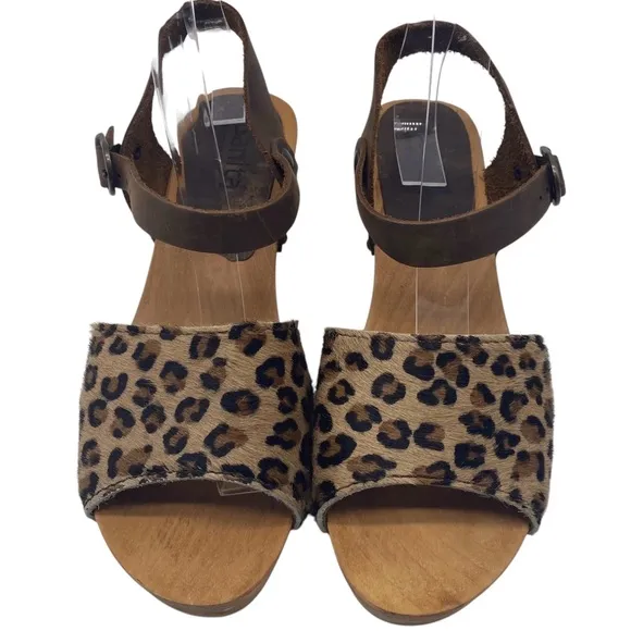 Sanita Womens Shoes Camilla Wooden Heeled Sandals 7 Leopard Leather Buckle Stud