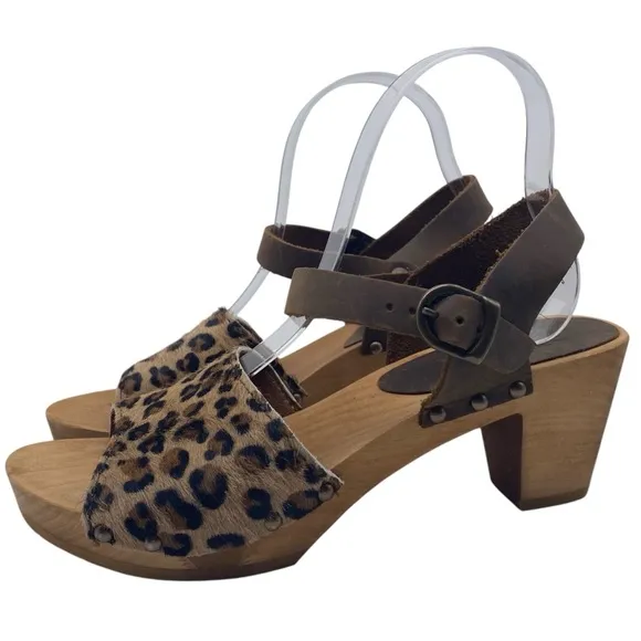 Sanita Womens Shoes Camilla Wooden Heeled Sandals 7 Leopard Leather Buckle Stud