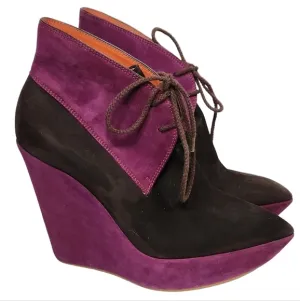 Santoni Rose Collection Lace Up Platform Ankle Boots Purple &amp; Brown Suede SZ 39