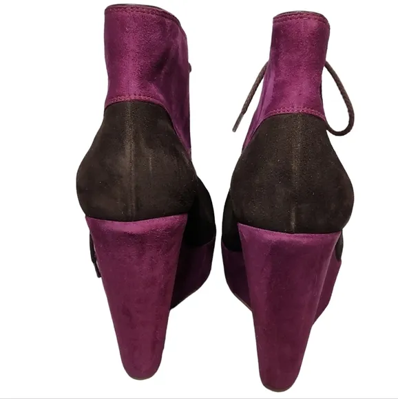 Santoni Rose Collection Lace Up Platform Ankle Boots Purple &amp; Brown Suede SZ 39