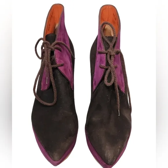 Santoni Rose Collection Lace Up Platform Ankle Boots Purple &amp; Brown Suede SZ 39