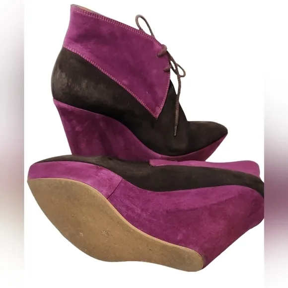 Santoni Rose Collection Lace Up Platform Ankle Boots Purple &amp; Brown Suede SZ 39