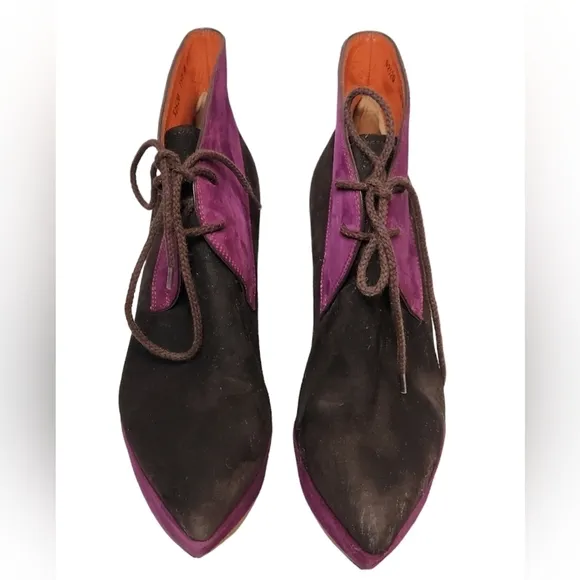 Santoni Rose Collection Lace Up Platform Ankle Boots Purple &amp; Brown Suede SZ 39