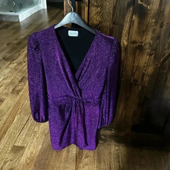 Saylor Holliday Metallic Faux Wrap Mini Dress S Purple Vneck Glitter Party
