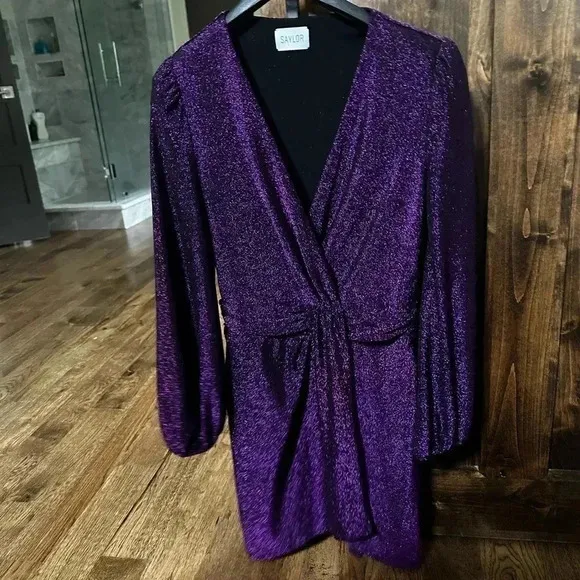 Saylor Holliday Metallic Faux Wrap Mini Dress S Purple Vneck Glitter Party