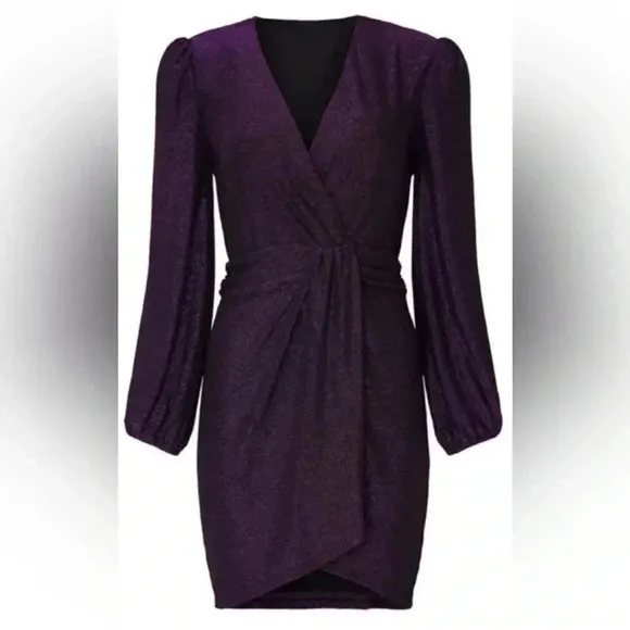 Saylor Holliday Metallic Faux Wrap Mini Dress S Purple Vneck Glitter Party