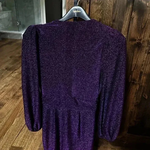 Saylor Holliday Metallic Faux Wrap Mini Dress S Purple Vneck Glitter Party