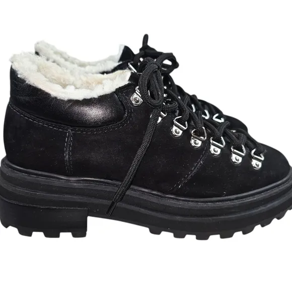 Schutz Lucille Black Suede Leather Sherling Lace Up Ankle Boots In 6.5 NWOB