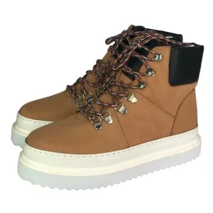 SCHUTZ S-Marula Waterproof Platform LaceUp Leather Boots 8B HoneyBeige/Black NIB