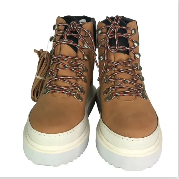 SCHUTZ S-Marula Waterproof Platform LaceUp Leather Boots 8B HoneyBeige/Black NIB