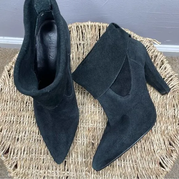 SCHUTZ Slouchy Booties Womens Size 8 Black Nubuck Leather Dalya Heeled Boots