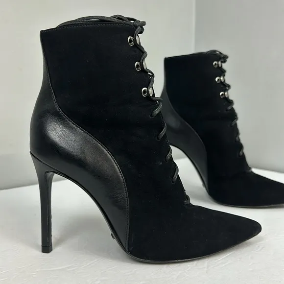 SCHUTZ Suede and Leather Pointy Toe Lace Up Heeled Ankle Boots Sz 8