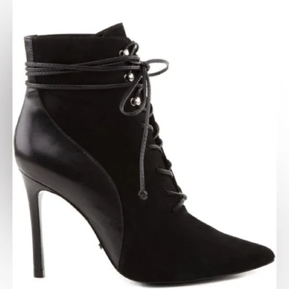 SCHUTZ Suede and Leather Pointy Toe Lace Up Heeled Ankle Boots Sz 8
