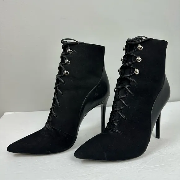 SCHUTZ Suede and Leather Pointy Toe Lace Up Heeled Ankle Boots Sz 8