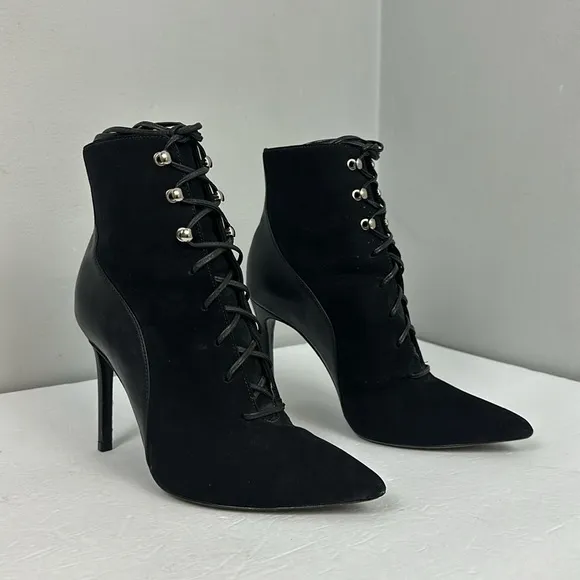 SCHUTZ Suede and Leather Pointy Toe Lace Up Heeled Ankle Boots Sz 8