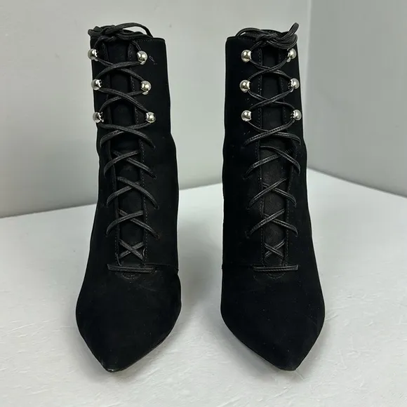 SCHUTZ Suede and Leather Pointy Toe Lace Up Heeled Ankle Boots Sz 8