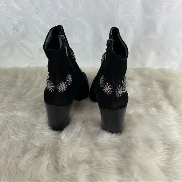 Schutz Teia Embellished Harness Suede Black Ankle Boots Size 6.5