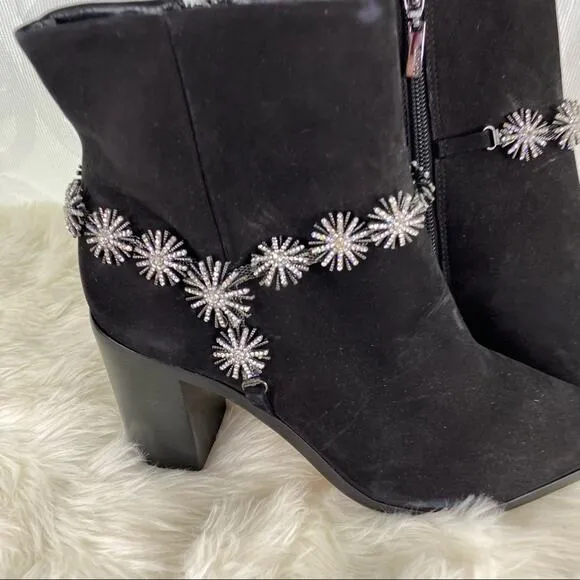 Schutz Teia Embellished Harness Suede Black Ankle Boots Size 6.5