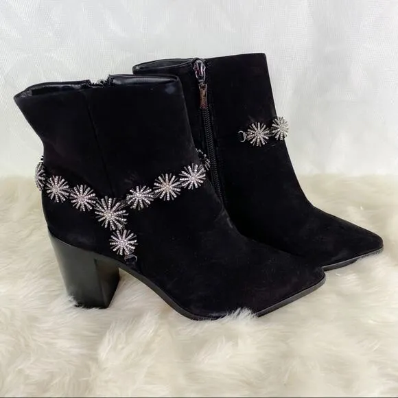 Schutz Teia Embellished Harness Suede Black Ankle Boots Size 6.5