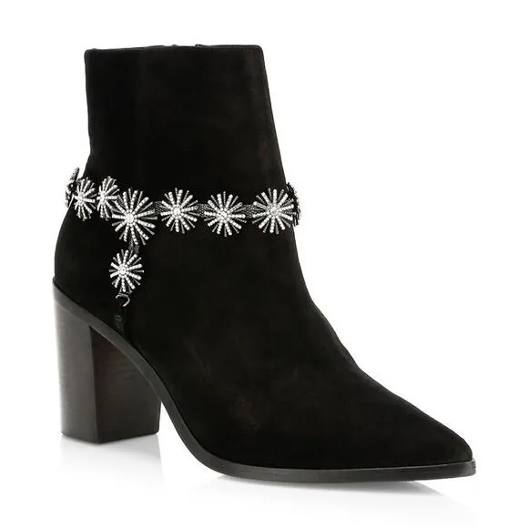 Schutz Teia Embellished Harness Suede Black Ankle Boots Size 6.5