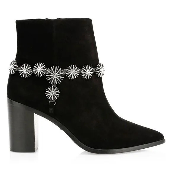 Schutz Teia Embellished Harness Suede Black Ankle Boots Size 6.5