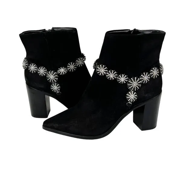 Schutz Teia Embellished Harness Suede Black Ankle Boots Size 6.5
