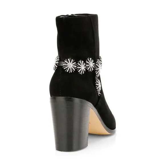 Schutz Teia Embellished Harness Suede Black Ankle Boots Size 6.5