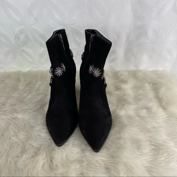 Schutz Teia Embellished Harness Suede Black Ankle Boots Size 6.5