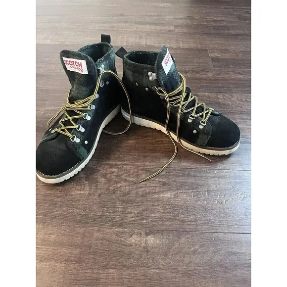 Scotch &amp; Soda Levante Hiker Boots , Black Blk/Green, US 8 Men’s Suede Wool