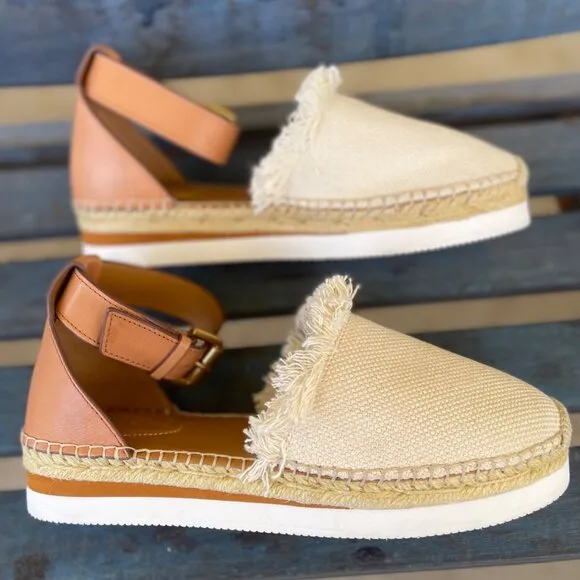 See By Chloé Glyn Womens Espadrille Sandal 10  Beige Canvas Leather Sandals 40EU