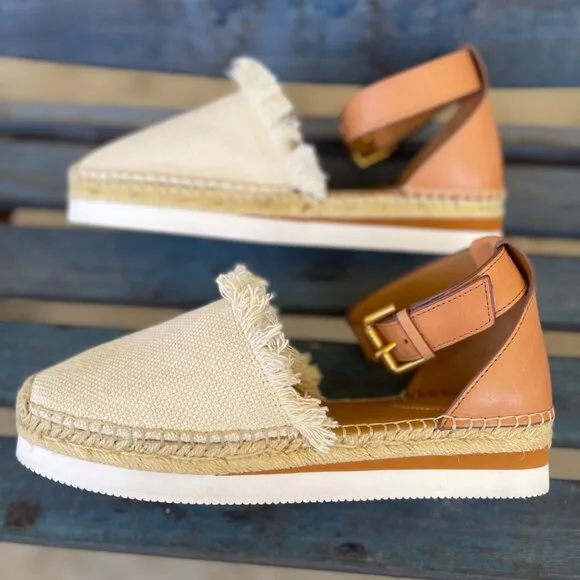 See By Chloé Glyn Womens Espadrille Sandal 10  Beige Canvas Leather Sandals 40EU