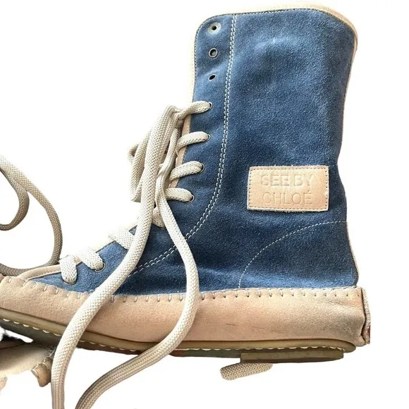 See by Chloe Blue Suede Lace Up Leather Moccasin Mid Calf Boots, Size 36 / US 6