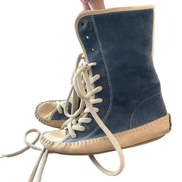 See by Chloe Blue Suede Lace Up Leather Moccasin Mid Calf Boots, Size 36 / US 6