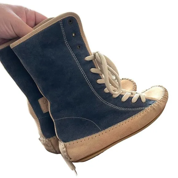 See by Chloe Blue Suede Lace Up Leather Moccasin Mid Calf Boots, Size 36 / US 6